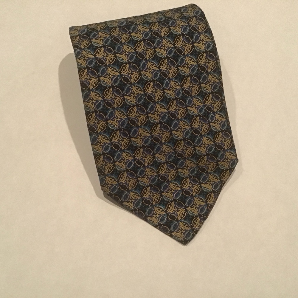 Brioni Neck Tie 100% Silk Hand Made‎ In Italy Navy Blue Yellow Geometric 58” 4”